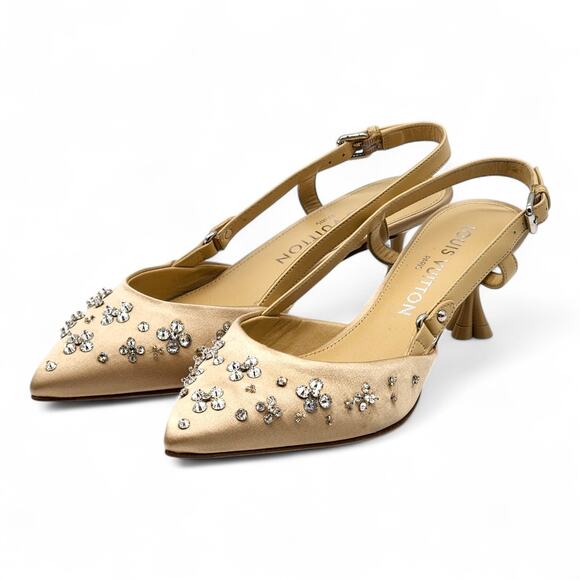 Louis Vuitton Mirage Blossom Slingback Heels Satin Crystals Gold EU 36 US 5.5 - Picture 2 of 10